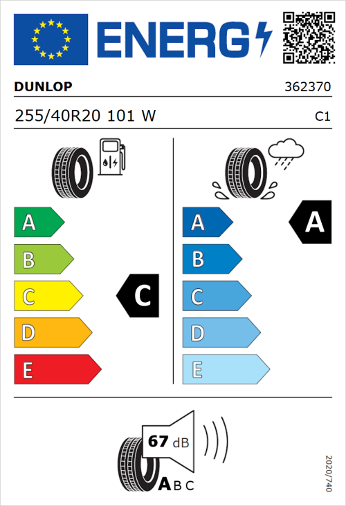 Tyre Label for Dunlop BLUE RESPONSE TG 255/40R20 101W